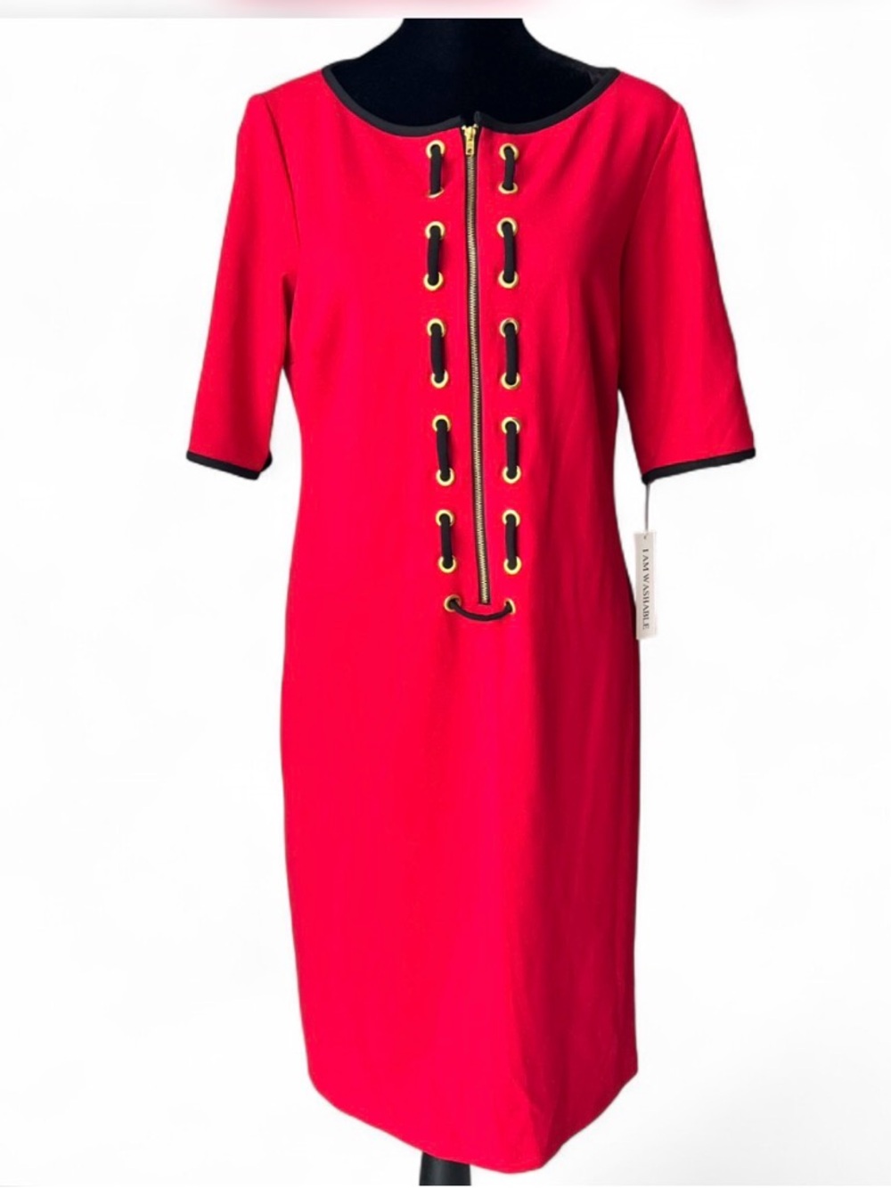 Shelby & Palmer Red Midi Shift Dress 8, W/Gold Front Zipper And Front Detail